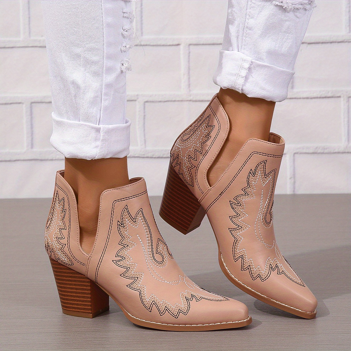 Women's Chunky Heeled Ankle Boots Retro Embroidery Pointed - Temu