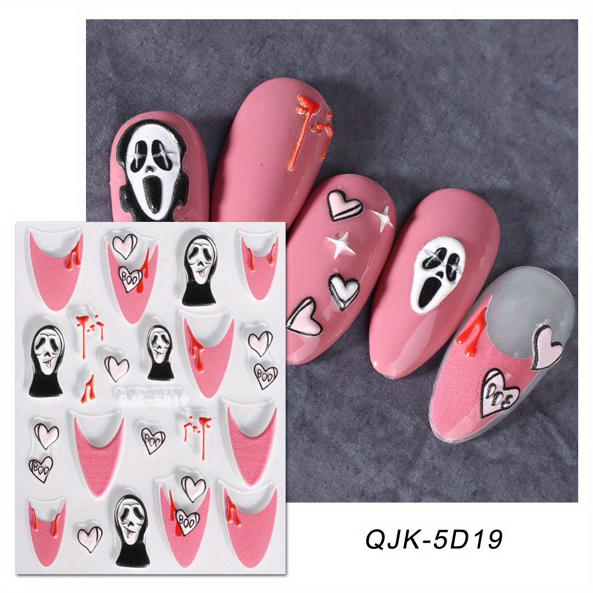 5d Embossed Halloween Nail Art Stickers Ghost Heart And Star Decals