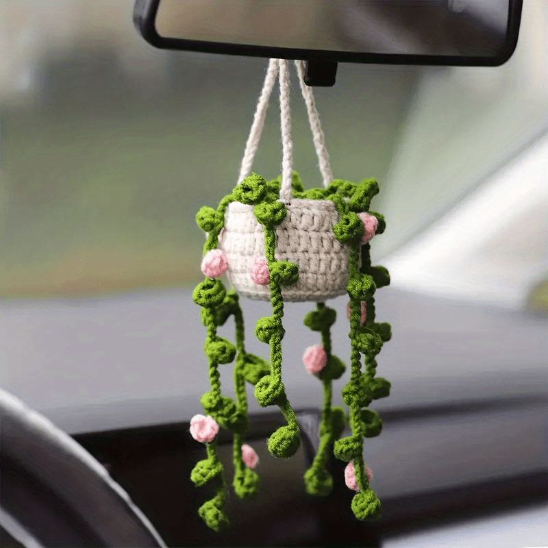 Rearview Mirror Pendant New Cute Potted Plants Crochet Car Basket