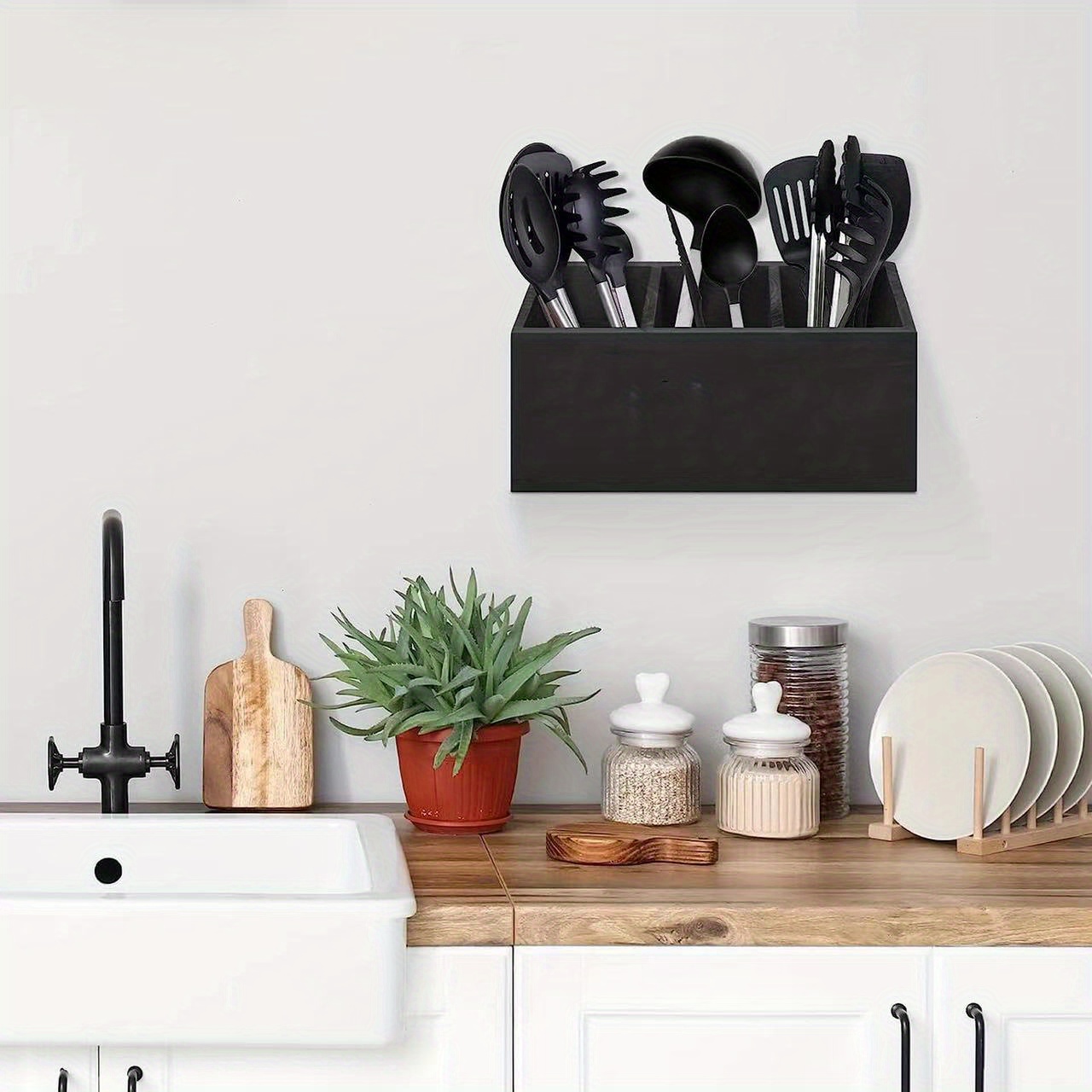 1pc farmhouse style wooden tableware rack 2   tableware box for kitchen organization and storage black finish details 1