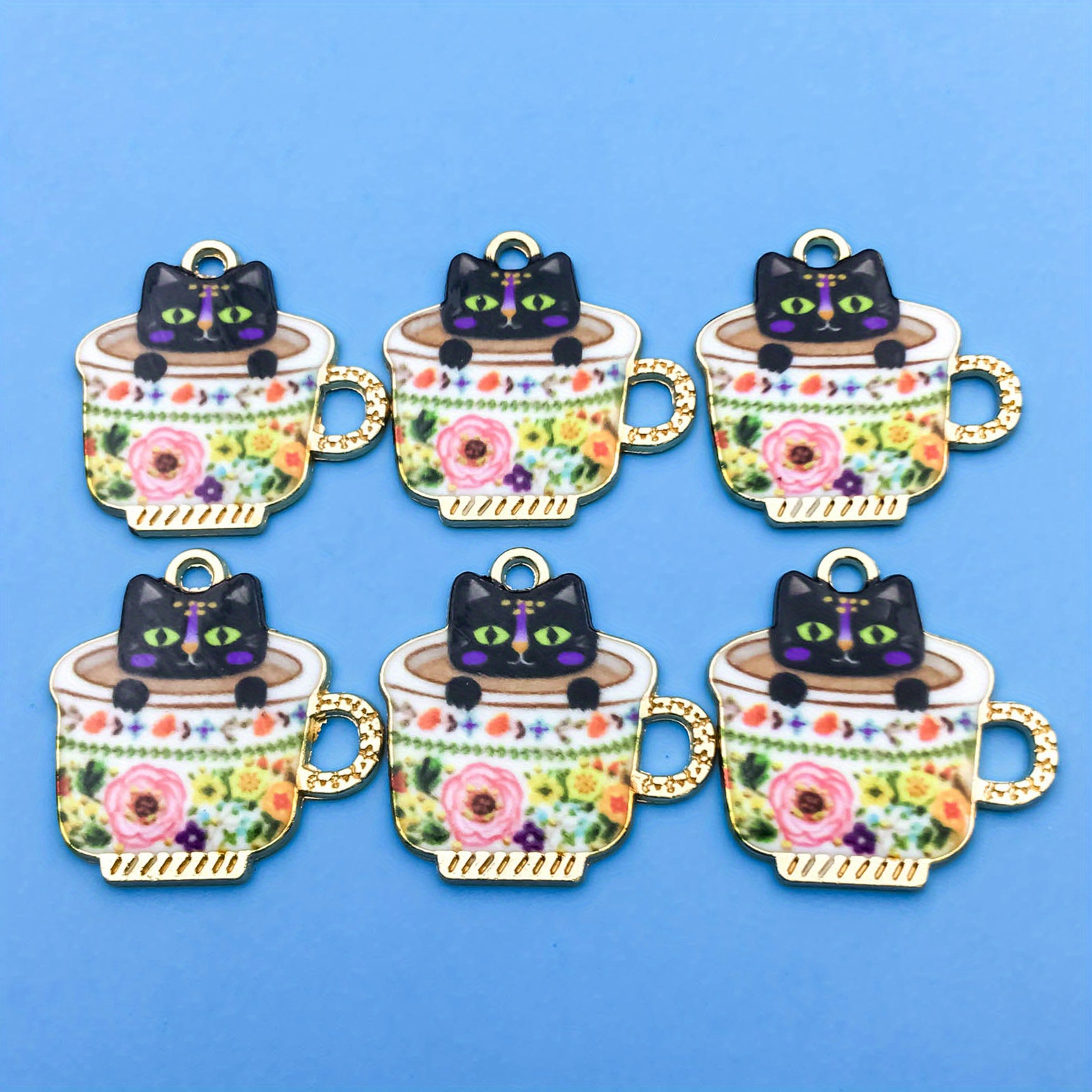 6pcs/Set Alloy Enamel Tea Cup Cat Pattern Charms, DIY Earrings Necklace  Bracelet Keychain Decoration Jewelry Accessories