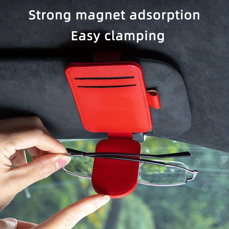 Sunglass Holder For Car, Magnet Sunglasses Holder For Car, Faux Leather Car Sunglass Holder, Sunglass Clip For Car Visor With Storing Glasses Cards details 2