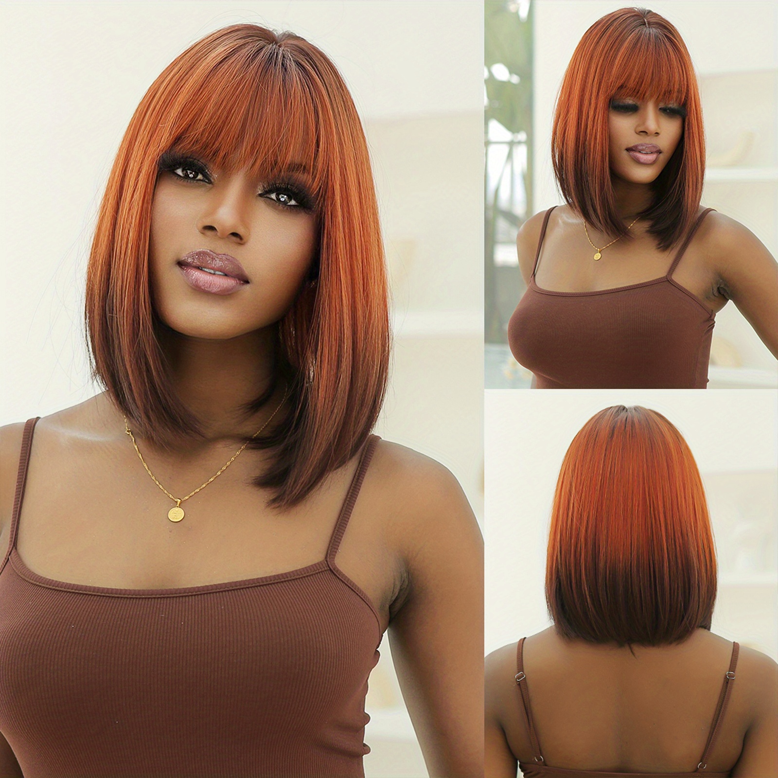 Long Straight Orange Gradient Brown Wigs Bangs Female Fiber Temu