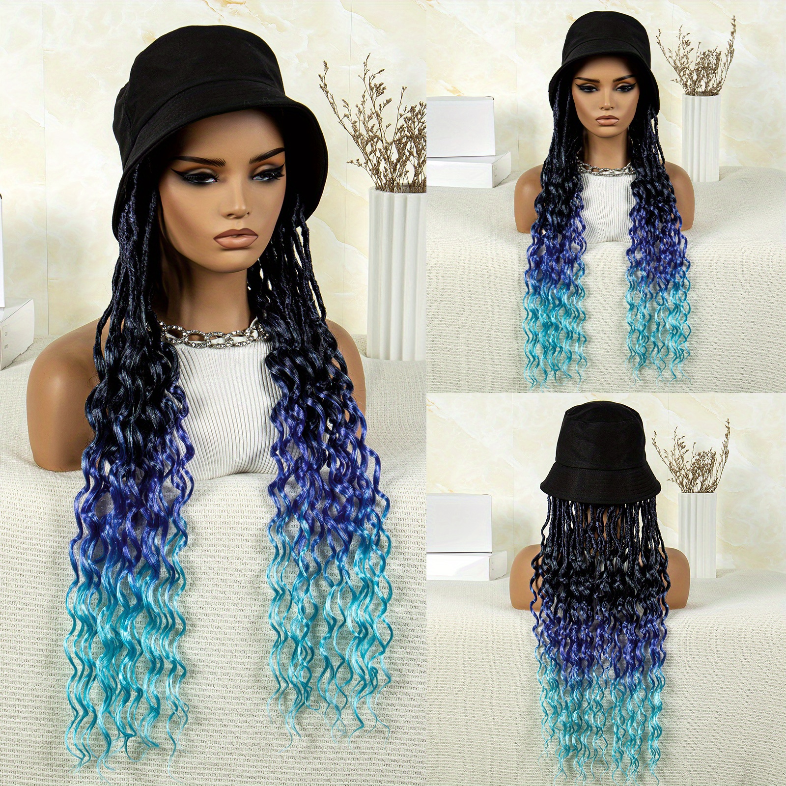 Hat Wig Long Dreadlock Wig With Curly Ends Ombre Blue Long Synthetic Fiber Hair Wig With Bucket Hat For Women