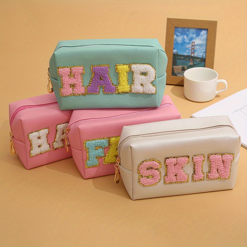 Chenille Letter Patch Preppy Makeup Bag Roomy Cosmetic - Temu Australia