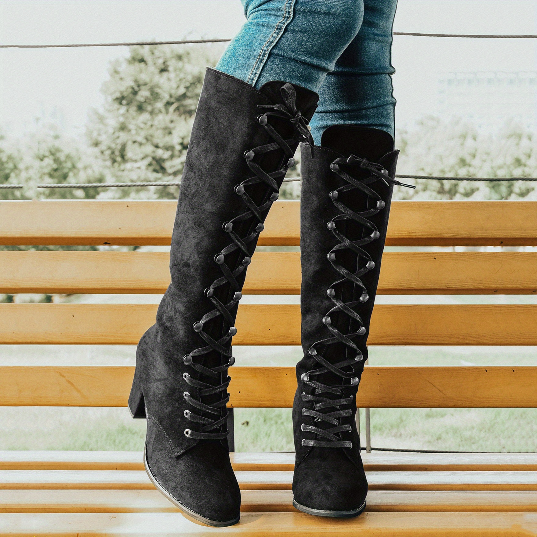 Women's Chunky Heeled Long Boots Lace Up Knee High Boots