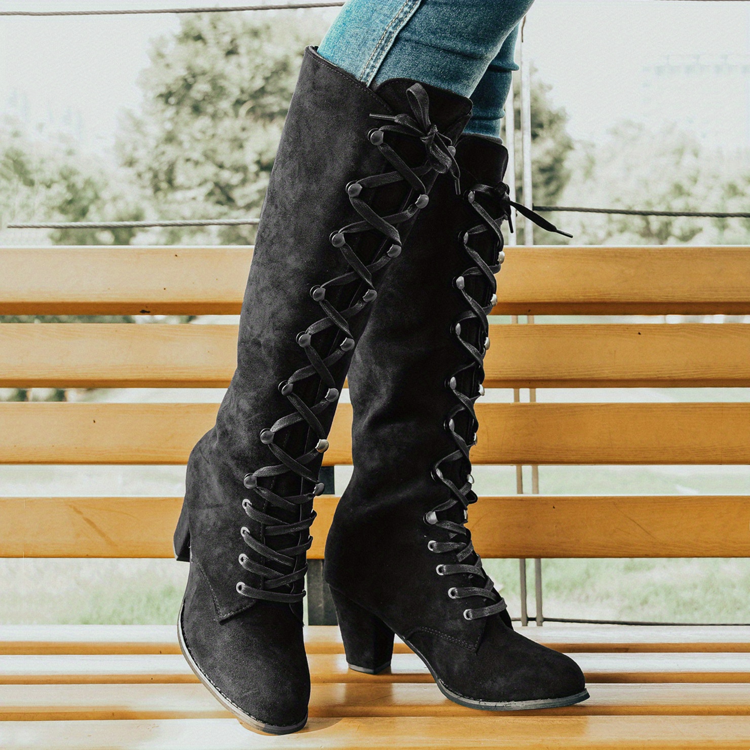 Women s Chunky Heeled Long Boots Retro Solid Color Lace Knee Temu