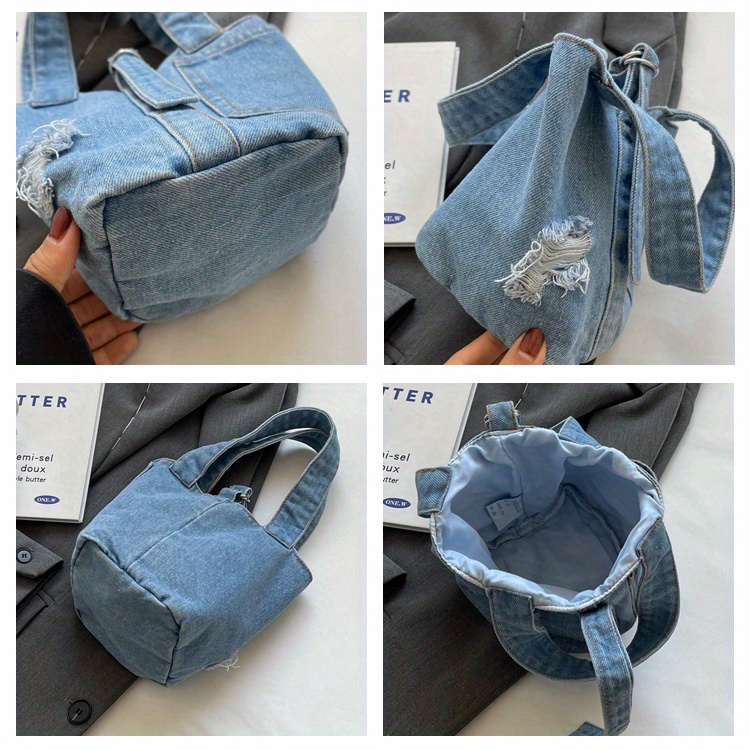 Mini Denim Canvas Bucket Bag, Retro Style Handbag For Women