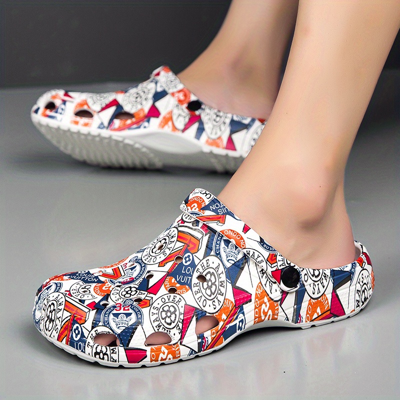 Women's Letter & Floral Pattern Clogs, Slip On Round Toe Hollow