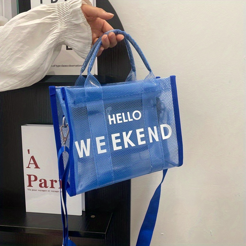 Transparent Mesh Tote Bag For Women, Letter Print Crossbody Bag, Trendy Pvc  Jelly Handbag For Travel Beach, Office Work, Shopping - Temu