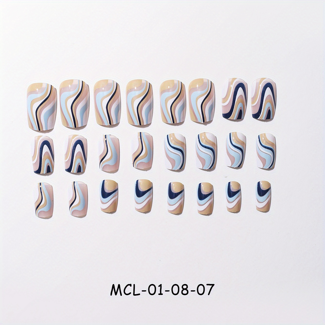24pcs Blue Press On Nails Square Fake Nails Spring Summer Blue White Stripe Wave Design Short Full Cover Nails Stick On Nails For Women