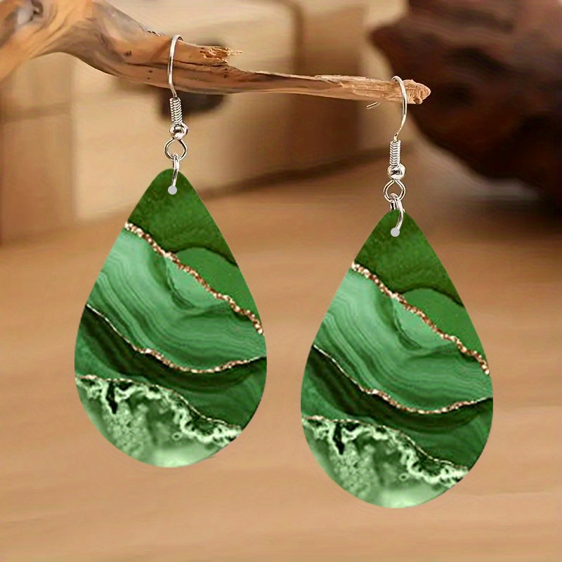 Elegant Green Marble Teardrop Earrings With Golden Accents - Wooden Jewelry For Women, Perfect Gift For Special Occasions, -garde Design, Gift Item | Elegant Earrings | Dangling Earrings