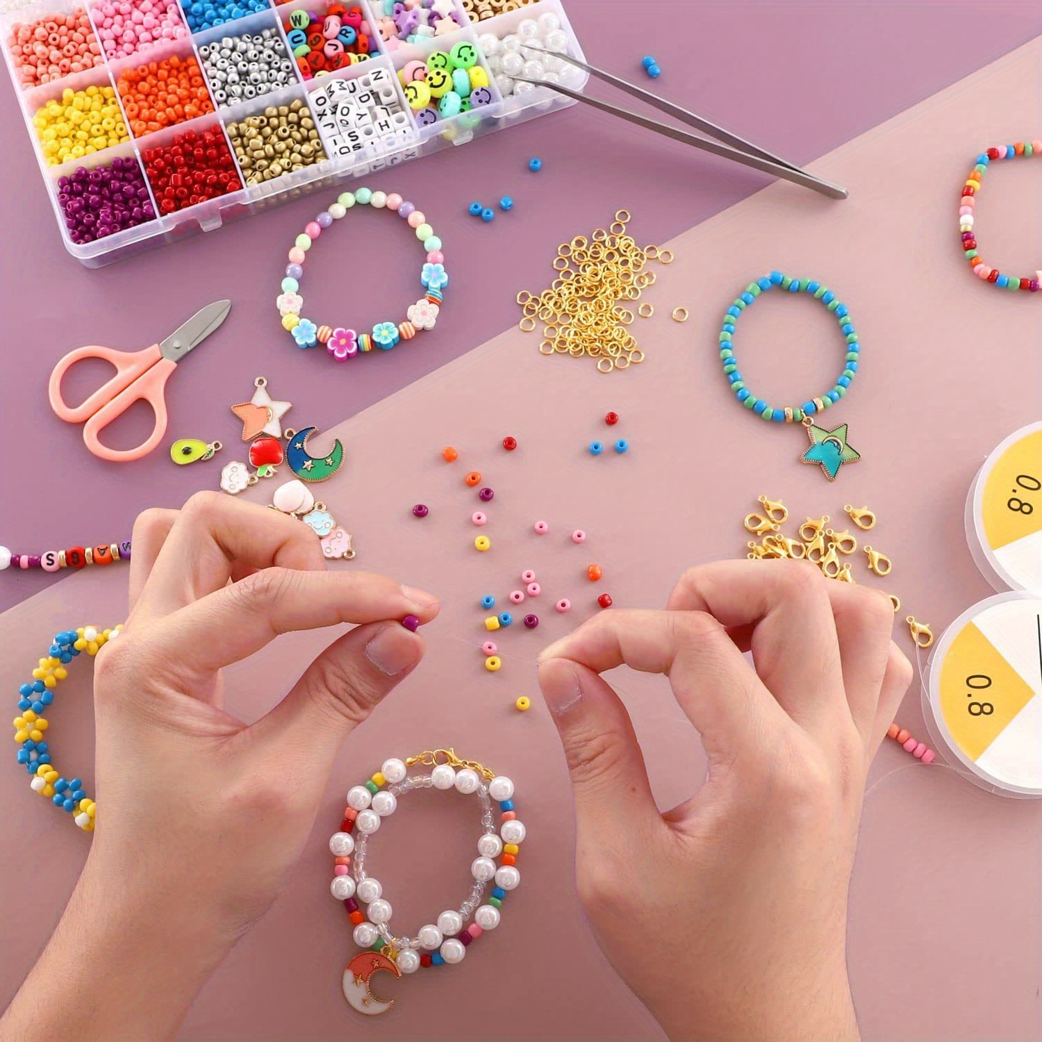  35000Pcs Glass Seed Beads, WOHOOW 2mm 48 Colors 12/0 Beads for  Jewelry Making Kit, Small Glass Bead Craft Set 200Pcs Alphabet Beads and  60Pcs Smiley Beads for Bracelets Earrings Ring Necklaces