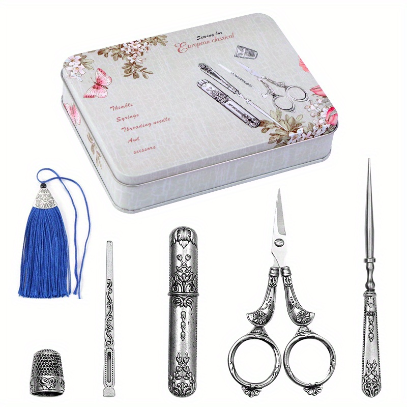 Vintage Sewing Kit Complete European Style Antique Embroidery Scissors Set  Retro Sewing Diy Craft Supplies with Needles Scissors