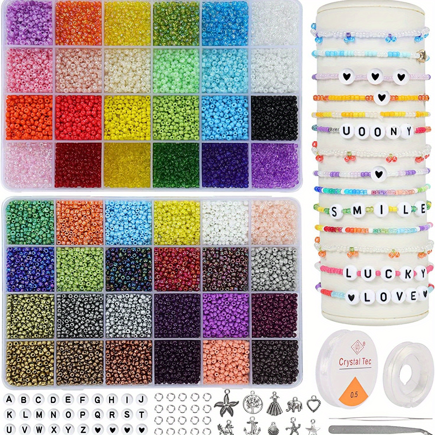 UOONY 35000pcs 2mm Glass Seed Beads for Jewelry Making Kit 250pcs Alphabet  Letter Beads Tiny Beads Set for Bracelets Making DIY Art and Craft with  Rolls of Elastic String Cord Charms and