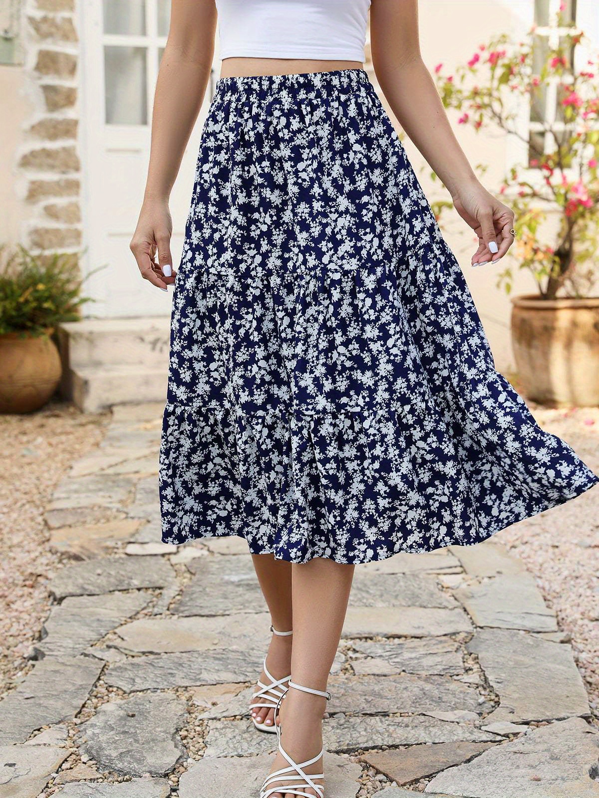 Floral Print Elastic Waist Midi Skirt Boho Flared Skirt Temu Australia