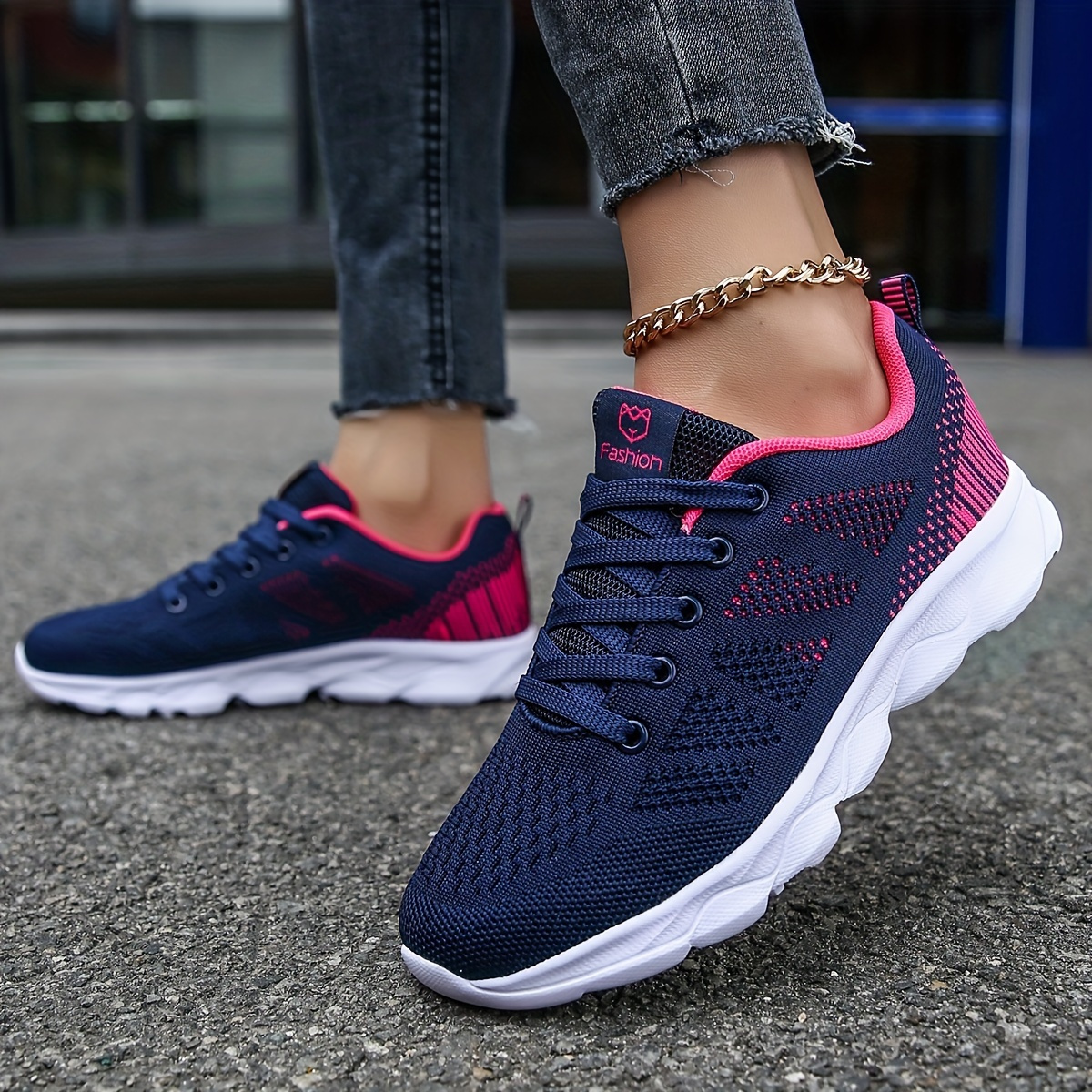 Women's Breathable Mesh Sneakers, Fashion Color Block Lace Up Non
