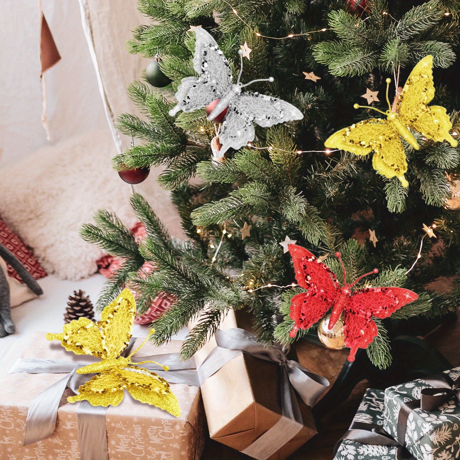 3 Pieces Butterfly Christmas Tree Hanging Ornament Rhinestone Butterfly  Decorations Xmas Butterfly Tree Hanging Set Butterfly Gift Keepsake  Colorful