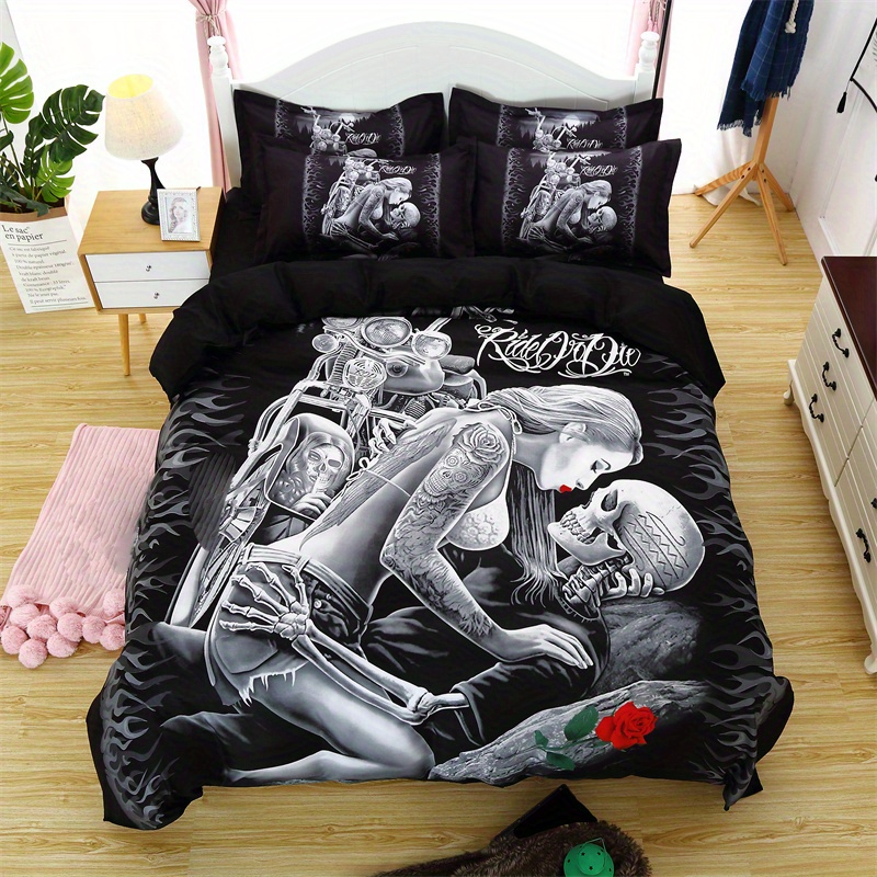 3pcs duvet cover set skull rose print bedding set soft comfortable duvet cover for bedroom   1 duvet cover 2 pillowcase without core for halloween details 0