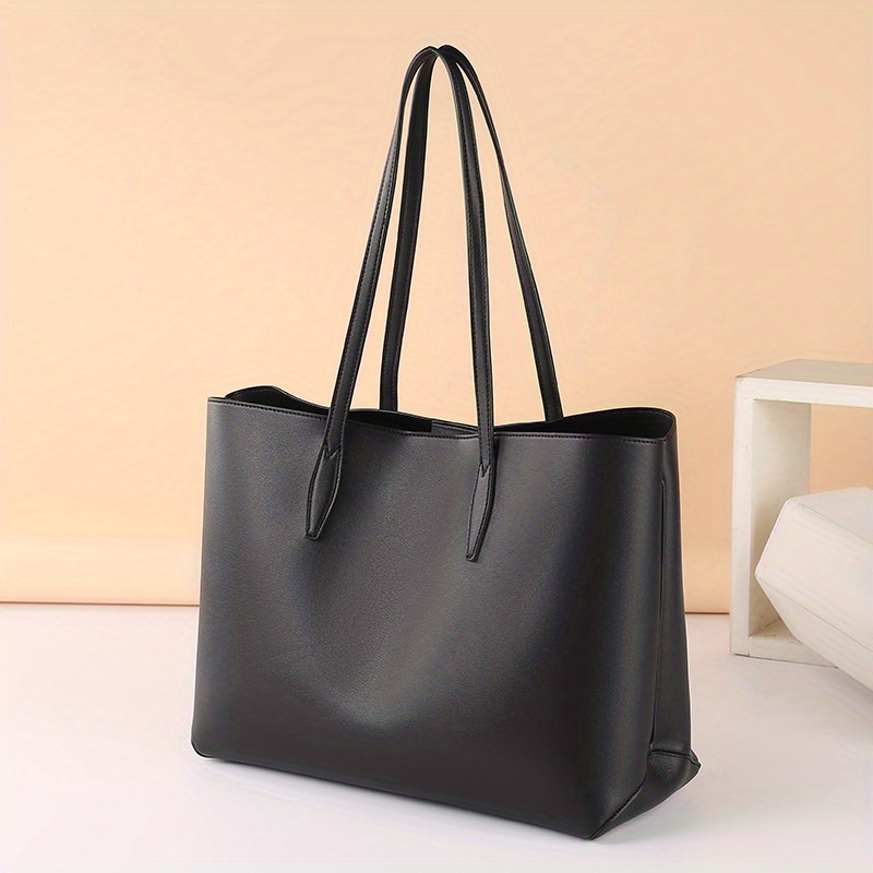 Solid Faux Leather Large Capacity Tote Shopper Bag