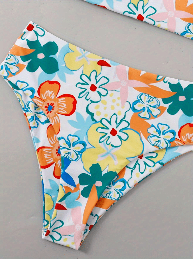 Floral Printed Tie Shoulder Bikini, High Waist Stretchy Cute Colorful ...