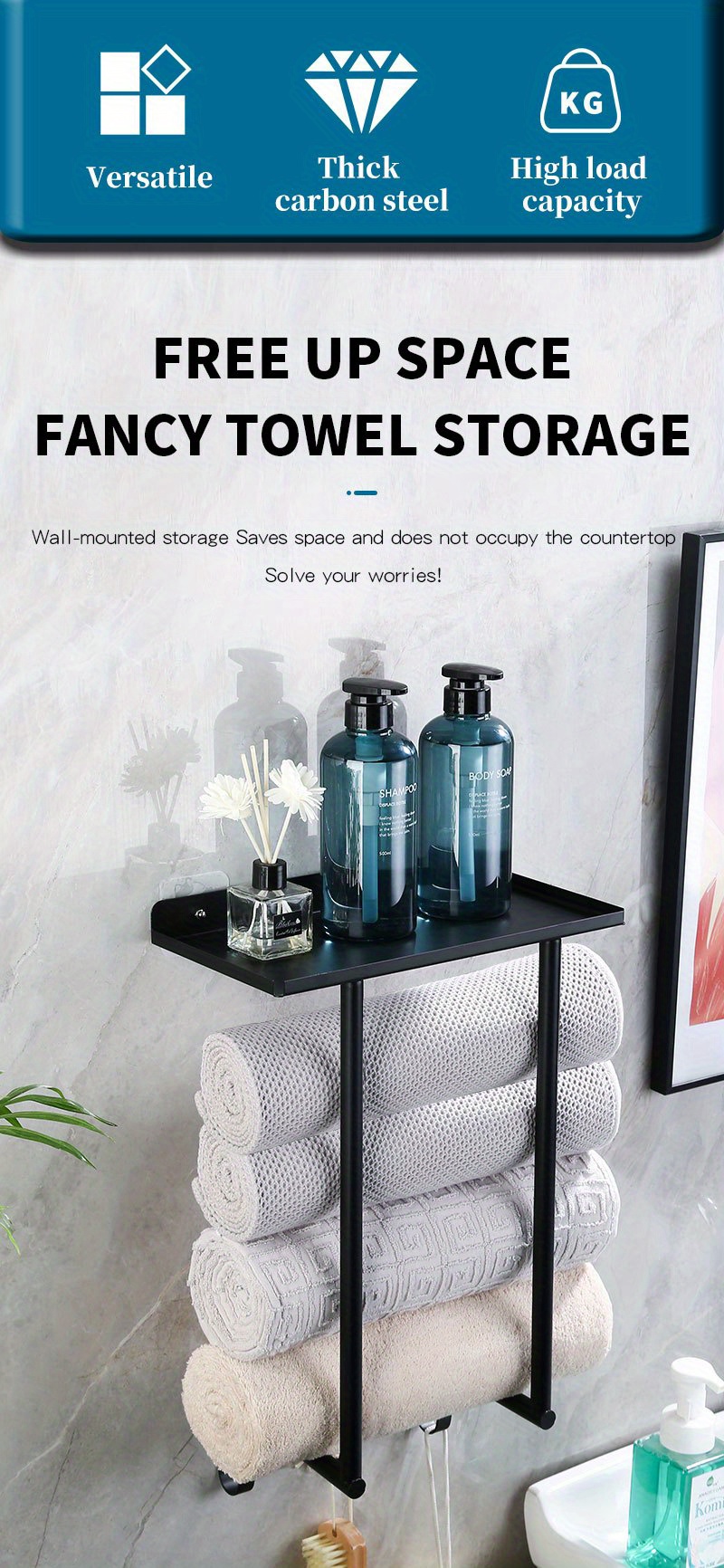  Ideashop Toalleros de metal de 3 barras para baño, para  almacenamiento de toallas de baño con estante y ganchos para colgar,  toallero de pared para toallas grandes enrolladas, color negro mate 