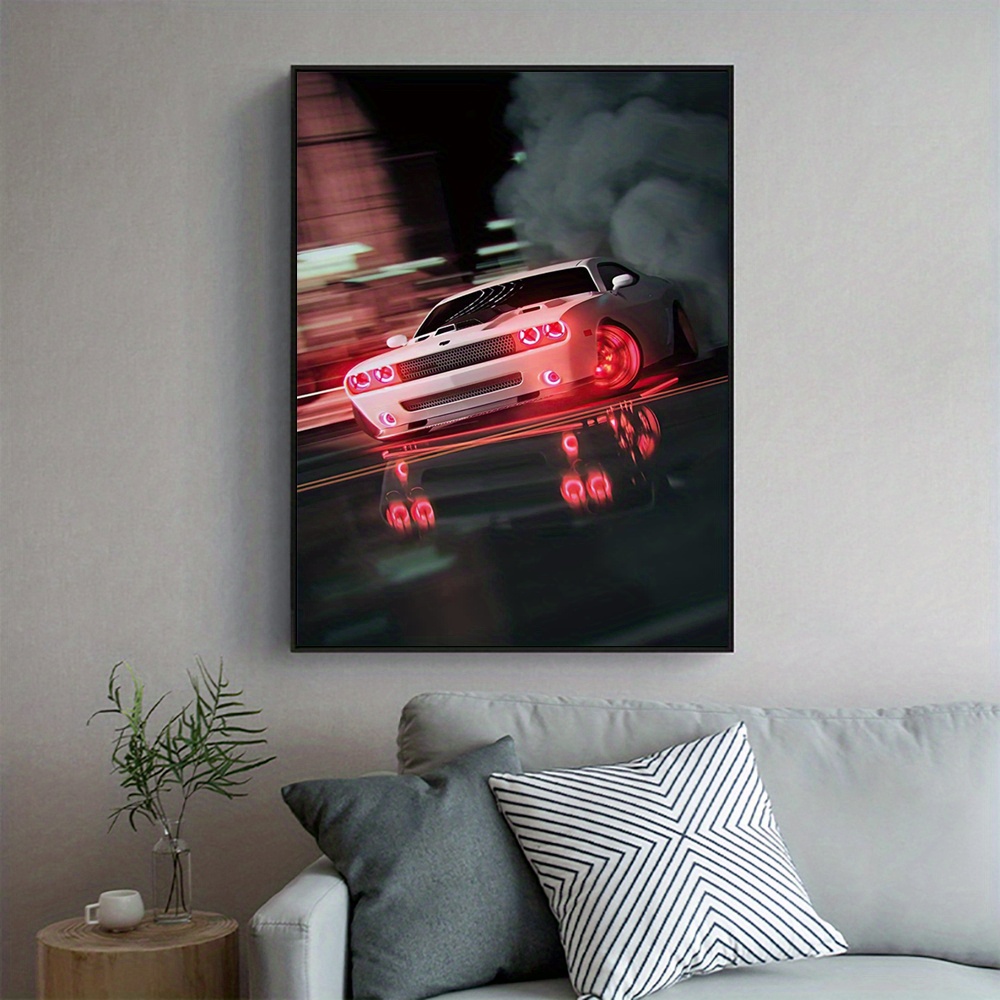 Canvas White Car Drift Canvas Print Wall Art Painting Muscle - Temu