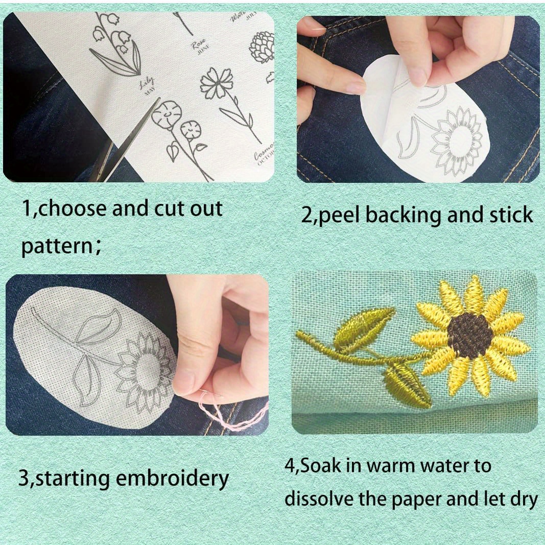 Water Soluble Floral alphabet Embroidery Pattern，Peel and Stick Embroidery  Kit