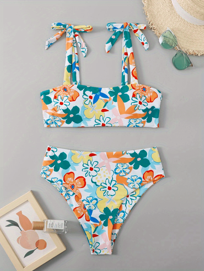 Floral Printed Tie Shoulder Bikini, High Waist Stretchy Cute Colorful ...