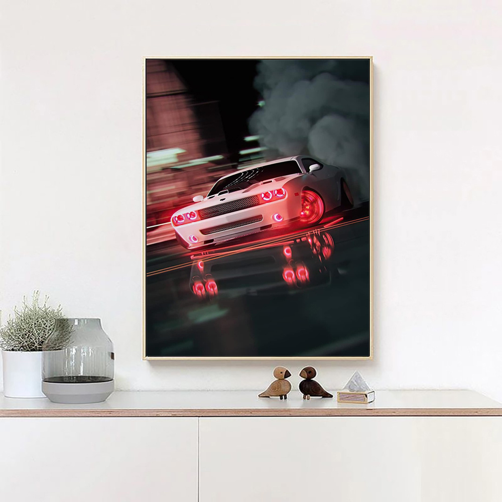 Canvas White Car Drift Canvas Print Wall Art Painting Muscle - Temu