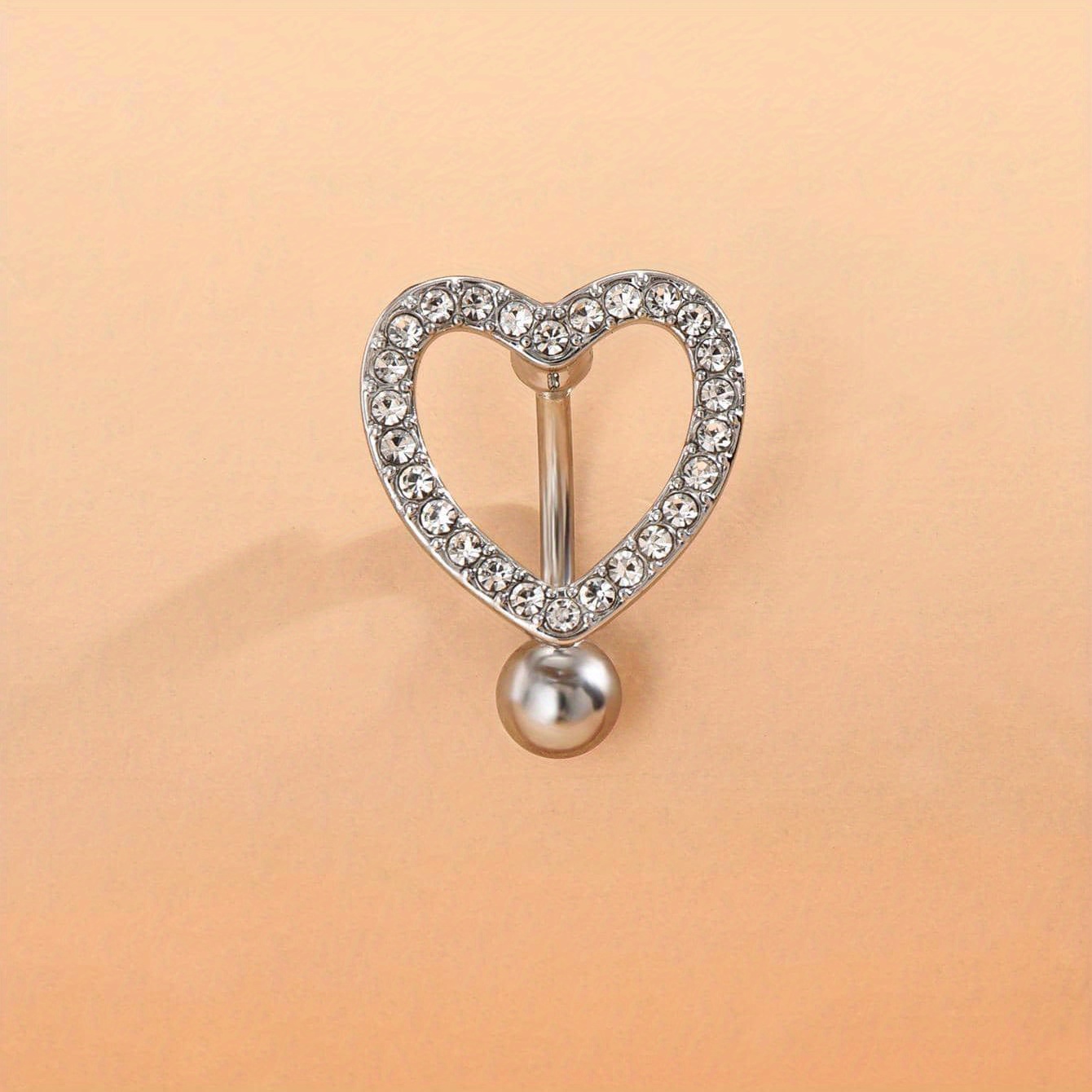 Image of Hollow Out Love Heart Shape Belly Button Ring - Inlaid With Shiny Cubic Synthetic Zirconia, Bling Bling, Navel Nail Body Piercing Jewelry For Women
