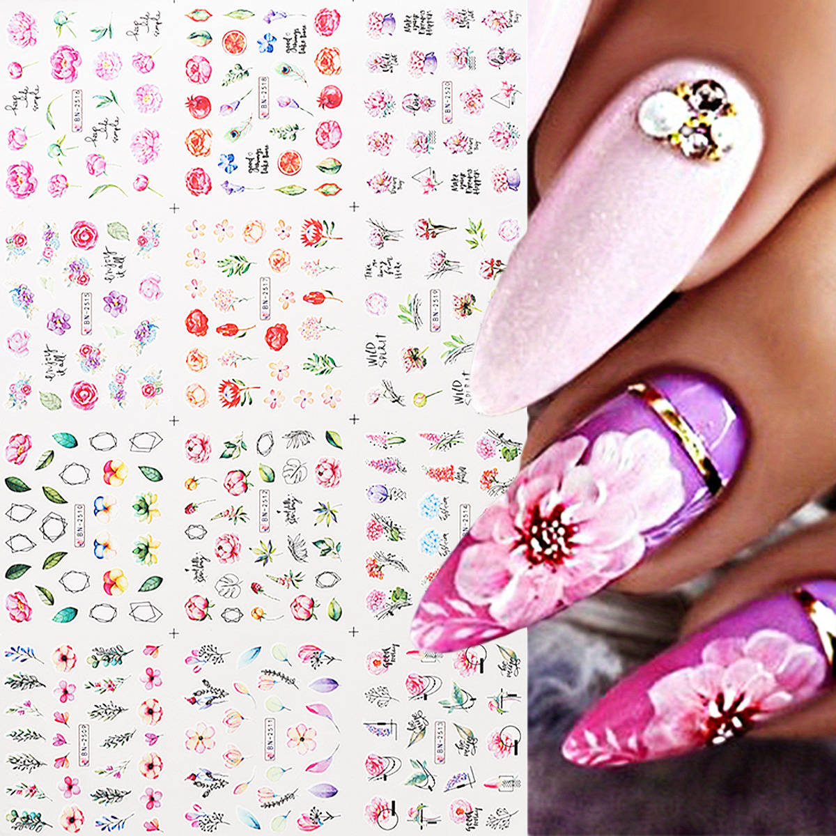 Nail Art Stickers Decals Flower Butterfly Green Leaf Design DIY Manicure  Decor