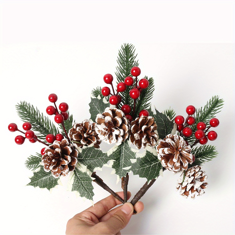 2pcs Artificial Pine, Cone Pine Needle Berry Flower Bouquet, Christmas Tree  Decoration Diy Handmade Wreath Material Home Living Room Decoration, Chris