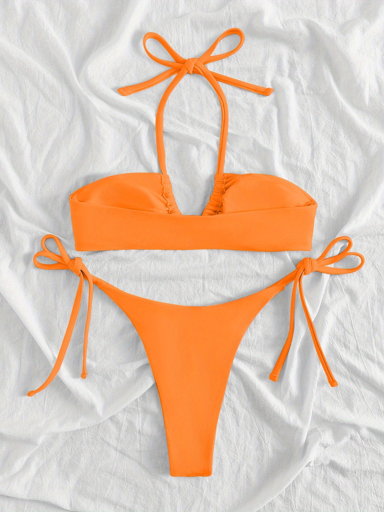 Halter Solid Color Tangerine Bikini, Backless Stretchy Tie Side ...