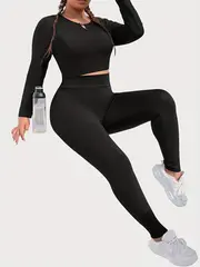 plus size sports outfits two piece set womens plus cut out solid long sleeve round neck high stretch top leggings outfits 2 piece set details 4