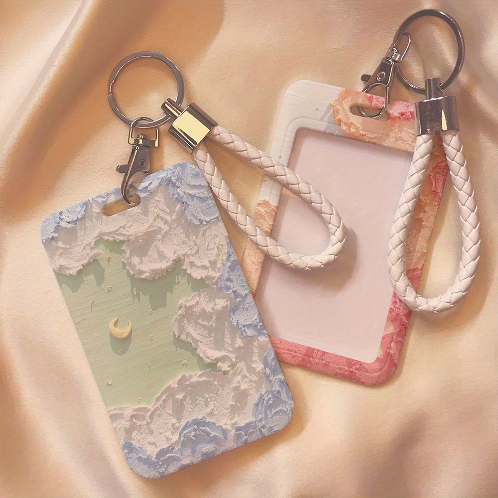 1pc Acrylic Painting Cloud Card Holder With Lanyard, Suitable For Schools,  Offices And Bus Stations