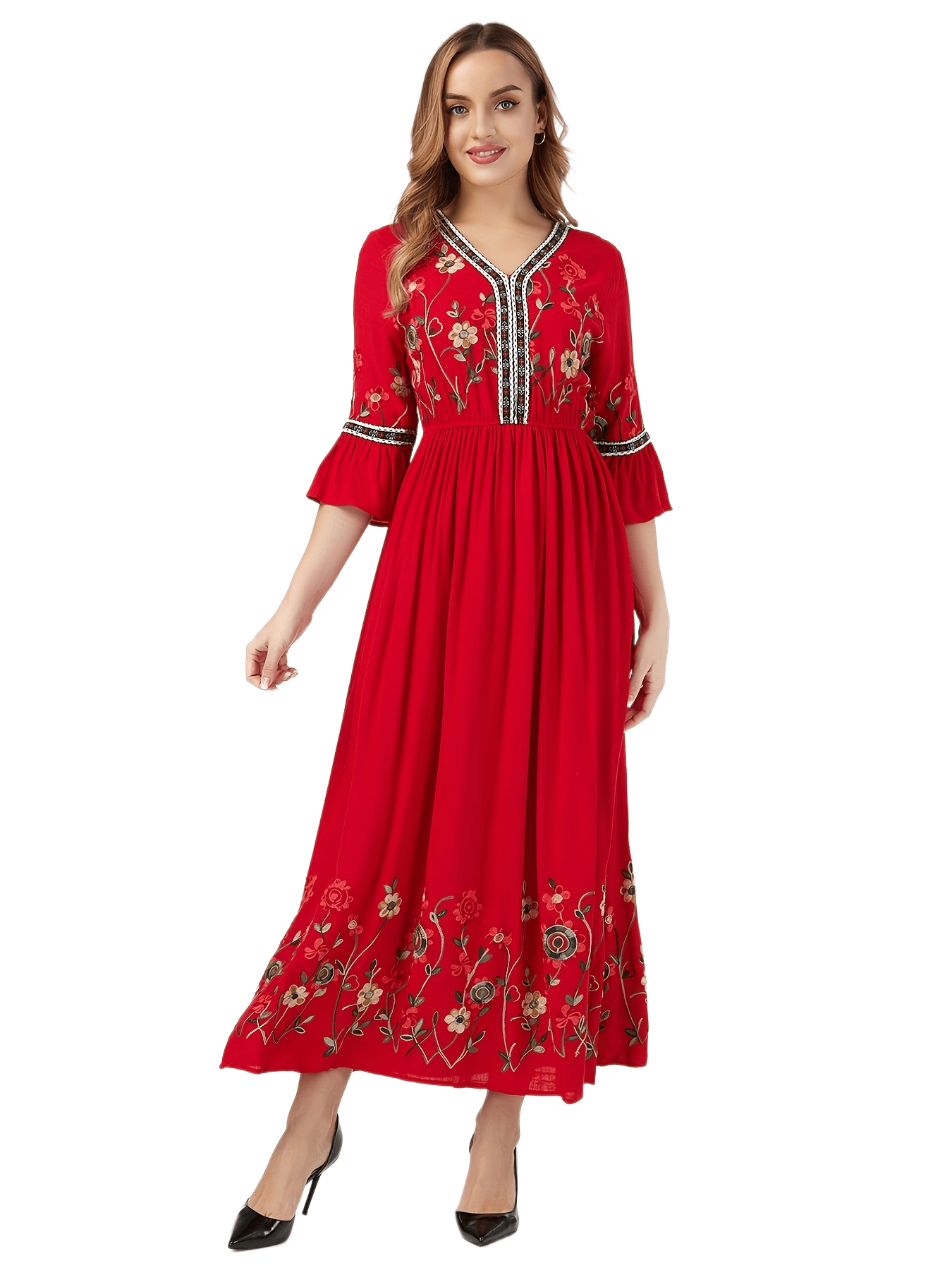 Boho Floral Wrap Dress - 3/4 Sleeve Midi Dress With Pockets For Women
