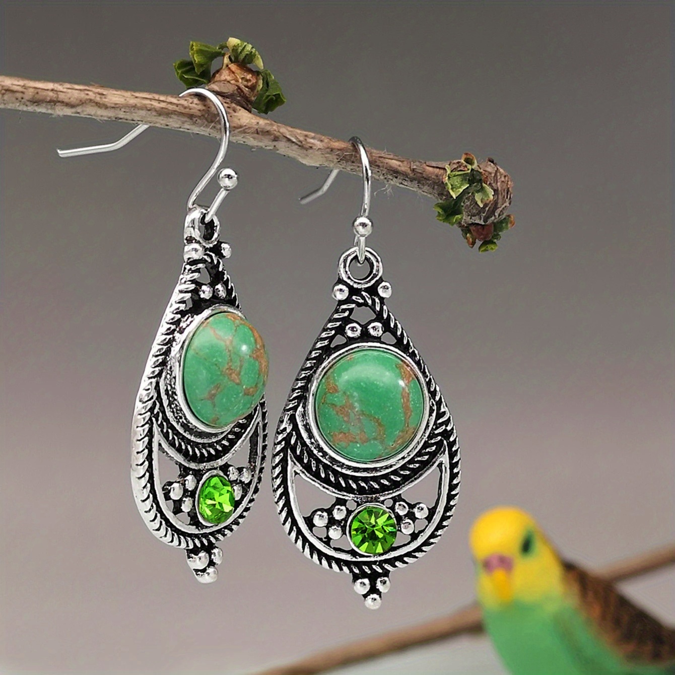 Vintage Boho Women's Fashion Dangling Earrings, Alloy, Green Aventurine, , With Stainless Steel Ear Needle, For , Office, Street, Party, Vacation, Gift