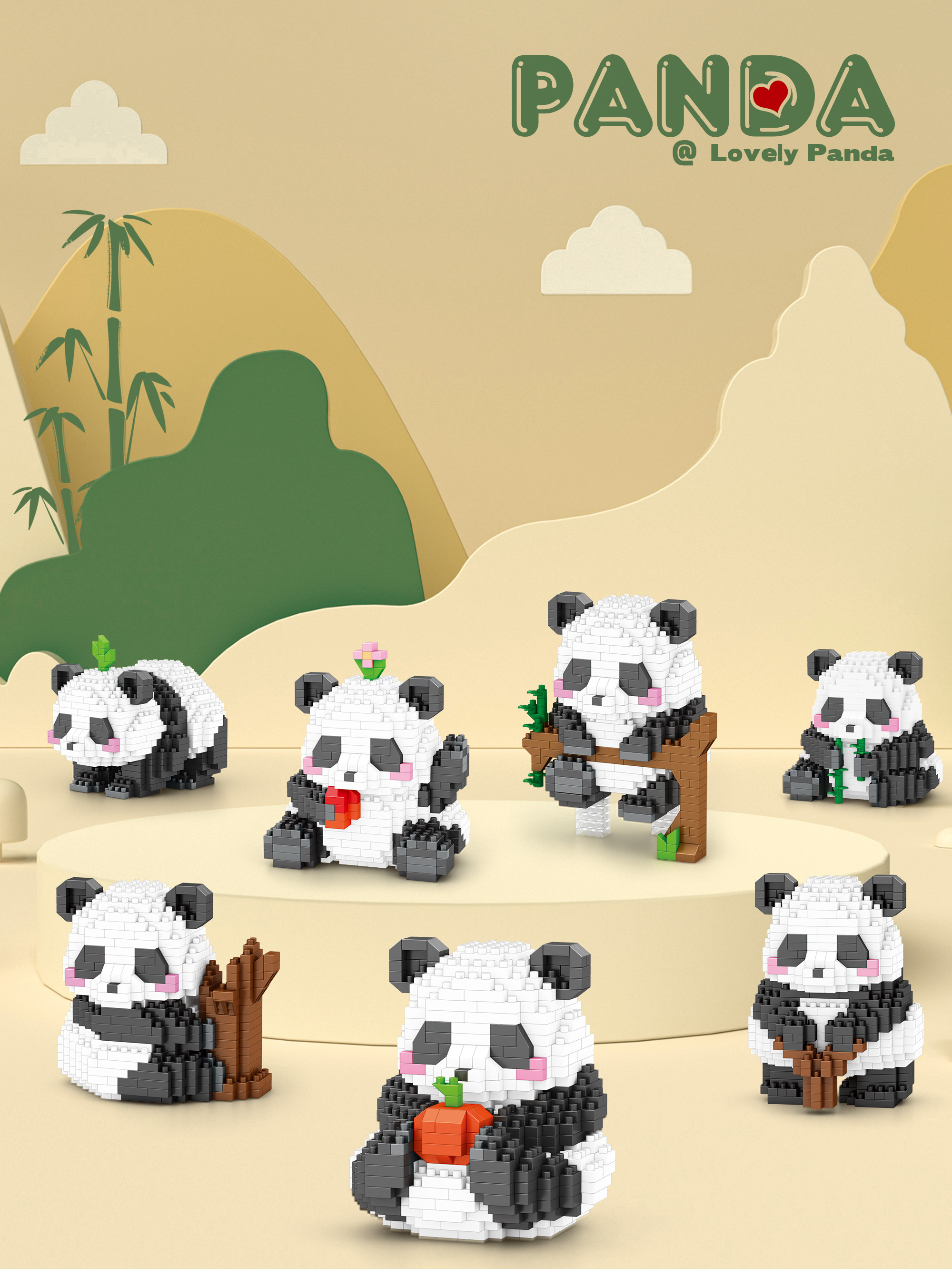 1 Conjunto Desenho Panda Bloco De Construção