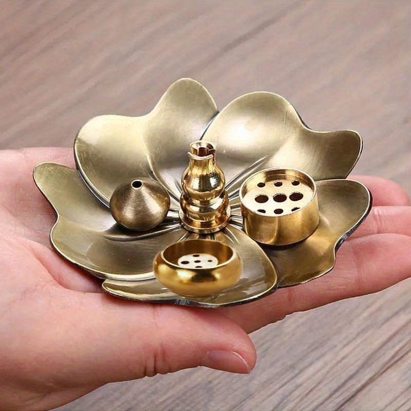 TEMU 5pcs Bronze Incense Burner Holder, Bowl-shape, Lotus Multihole, Cone Shape And Gourd-shape Ash Catcher Yoga Room Living Room Bedroom Home Fragrance, Room Decor, Home Decor