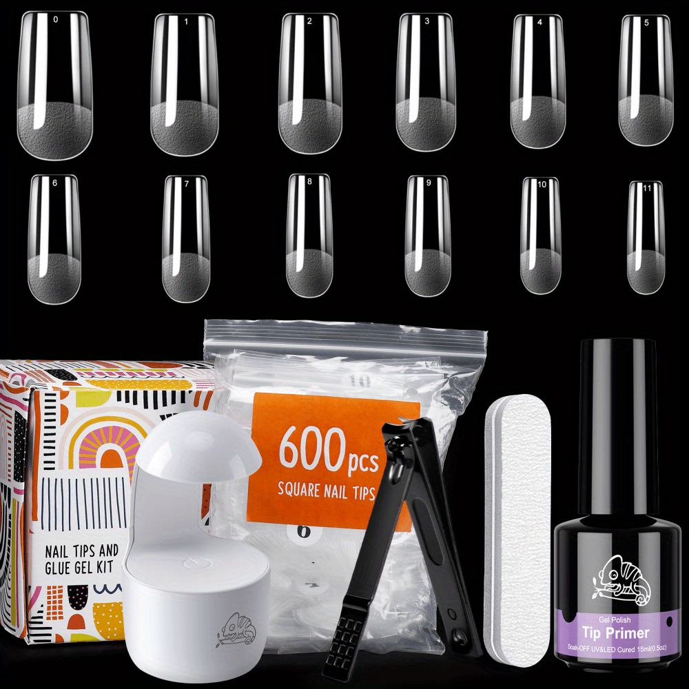 Gel X Nail Kit, Gel Kit 4 In 1 Glue Gel 500Pcs Tips Half Matte Shape UV LED  Lamp