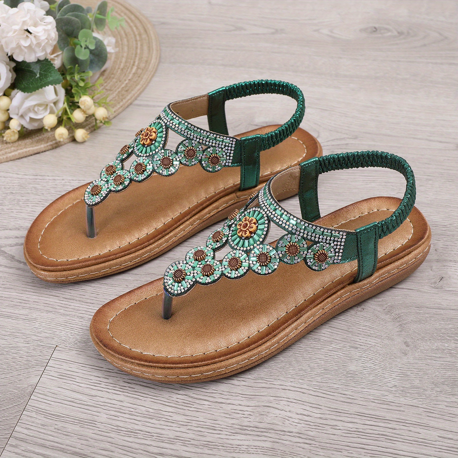 Women's Rhinestone Flat Sandals, Boho Style Elastic Strap Thong Sandals,  Summer Beach Slip On Sandals