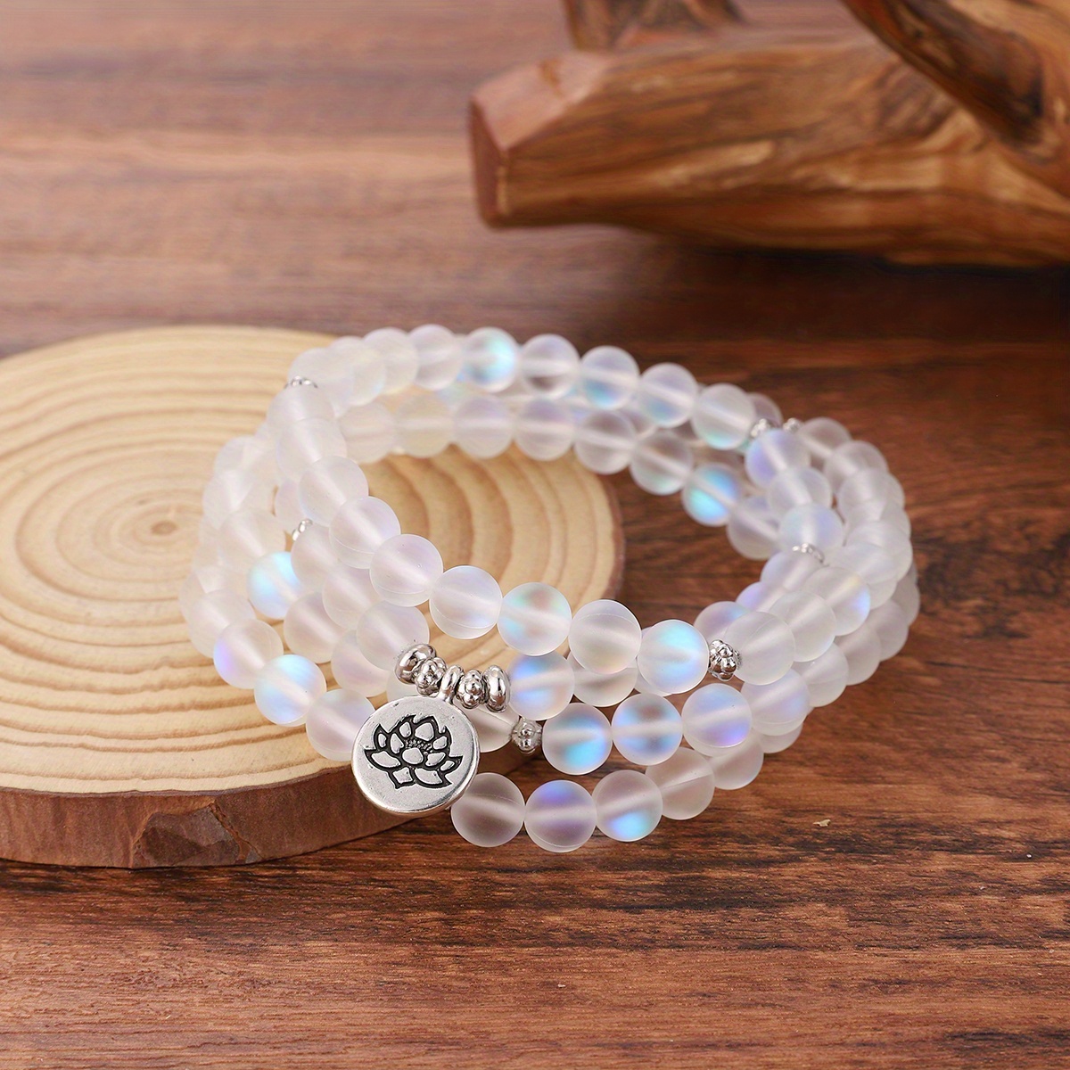 Image of 108pcs Frosted & For Lotus Charm Bracelet Set - 8mm Round Beads, Five-layer Jewelry For Women, Cute/vintage Style, Synthetic Stone, Perfect For Daily Wear & Vacation