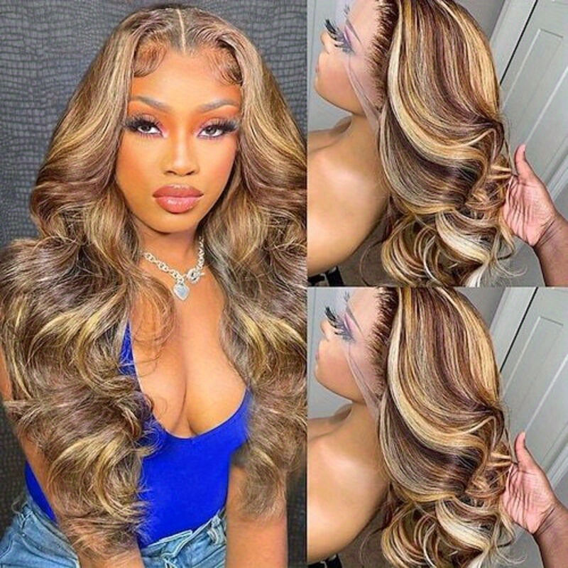 13x4 HD Body Wave Highlight Ombre Lace Front Wig Human Hair Pre Plucked Transparent 4 27 Colored Honey Blonde Lace Frontal Wigs For Women With Baby Hair 180 Lace Front Wig 20 34 Inch