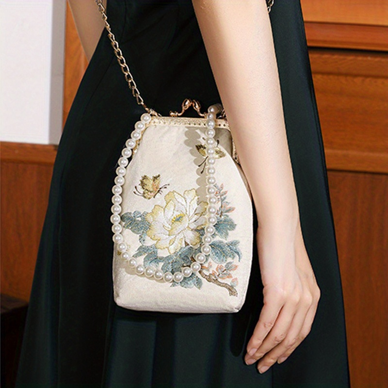 Mini Flower Embroidery Metal Pearl Chain Crossbody Frame Bag, Dacron Kiss  Lock Bag Purse, Classic Versatile Fashion Shoulder Bag
