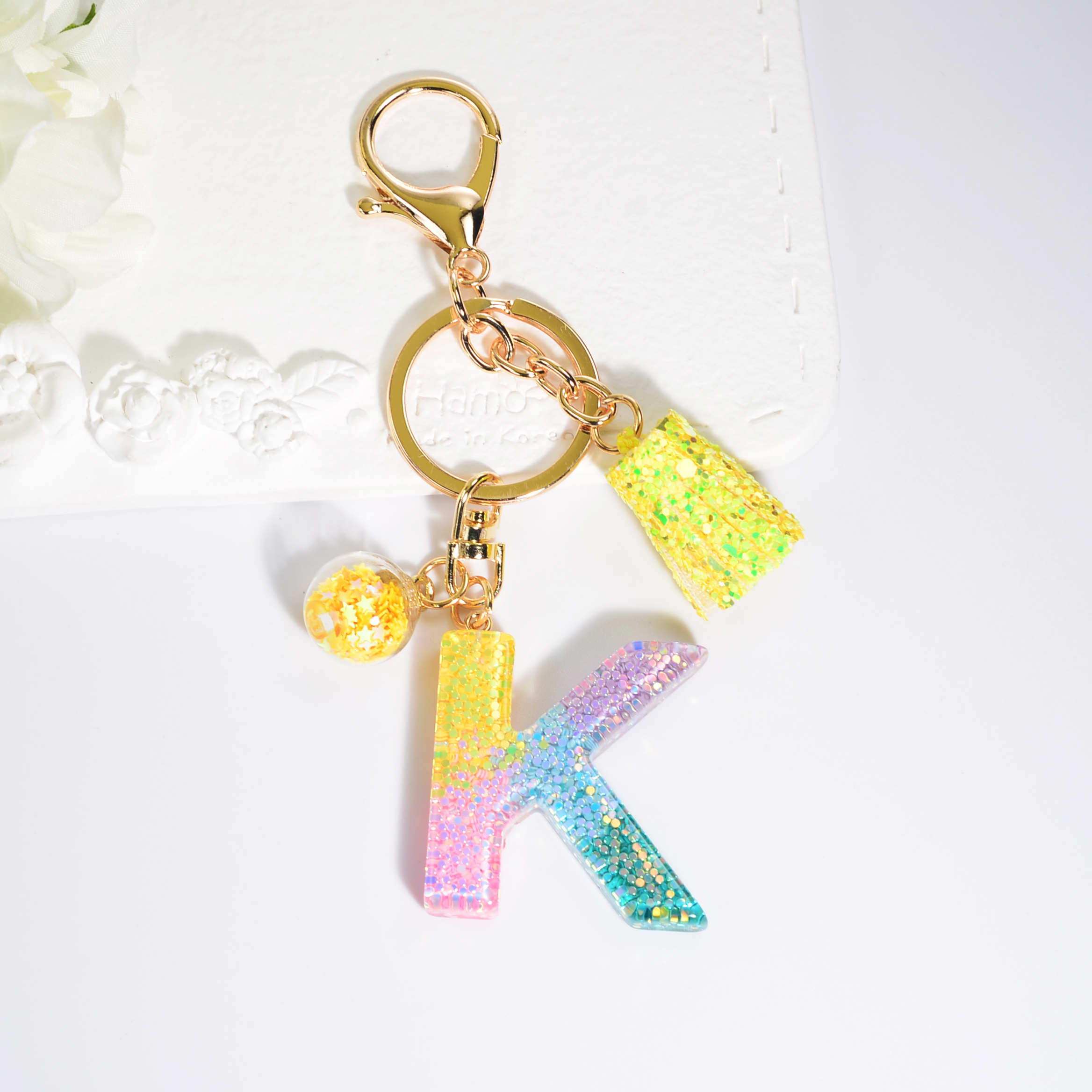 Sequins Alphabet Keychain Cute Color Block Resin Key Chain - Temu