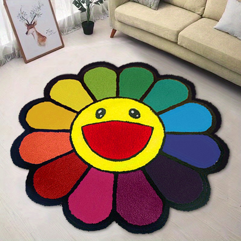 Cartoon Sunflower Round Mats Handmake Embroidery Soft Rugs Smile Flower  Carpet Children AntI-Slip Floor Mats Children Kids Gift