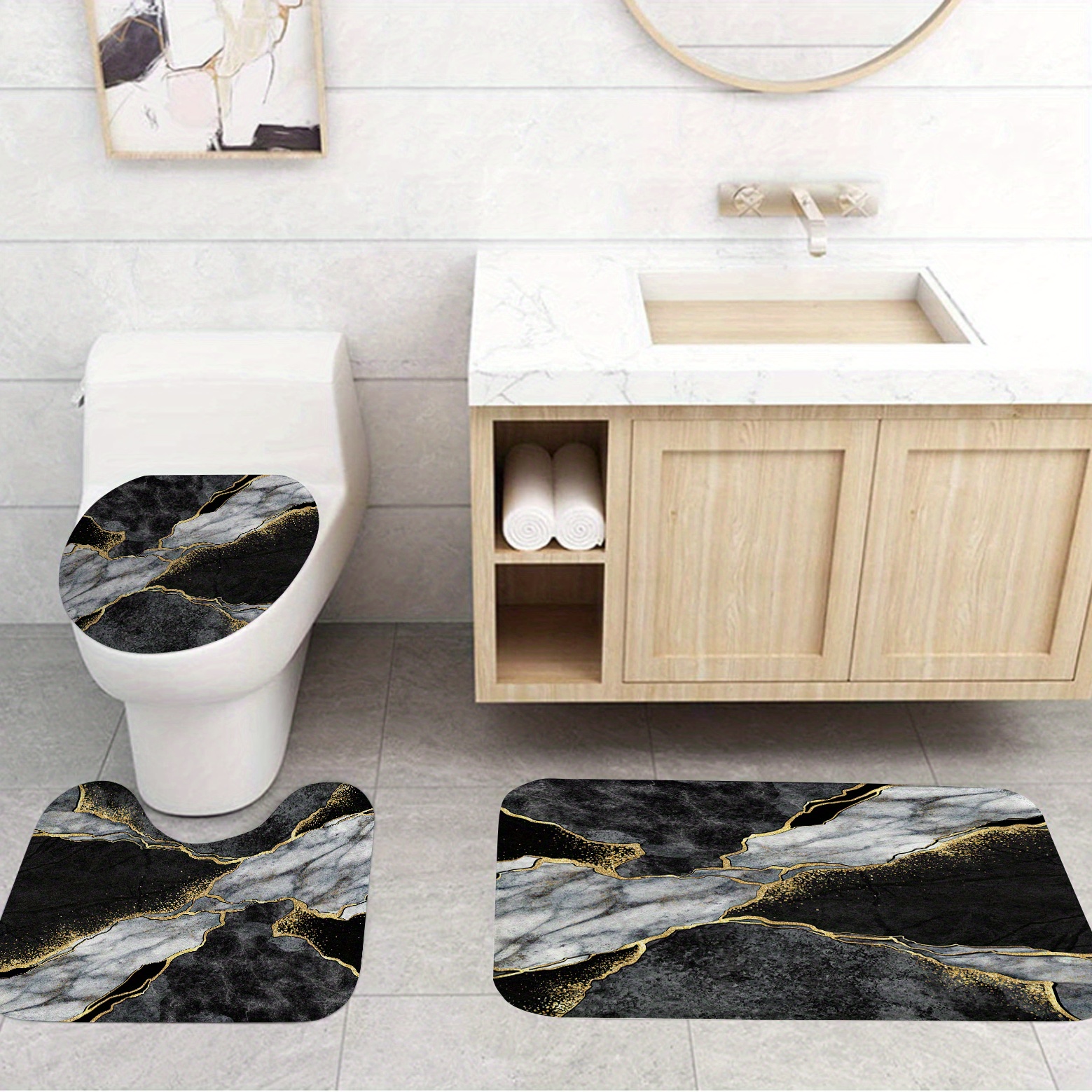 Marble Shower Curtain Set Black Red Purple Marble Bathroom - Temu Canada