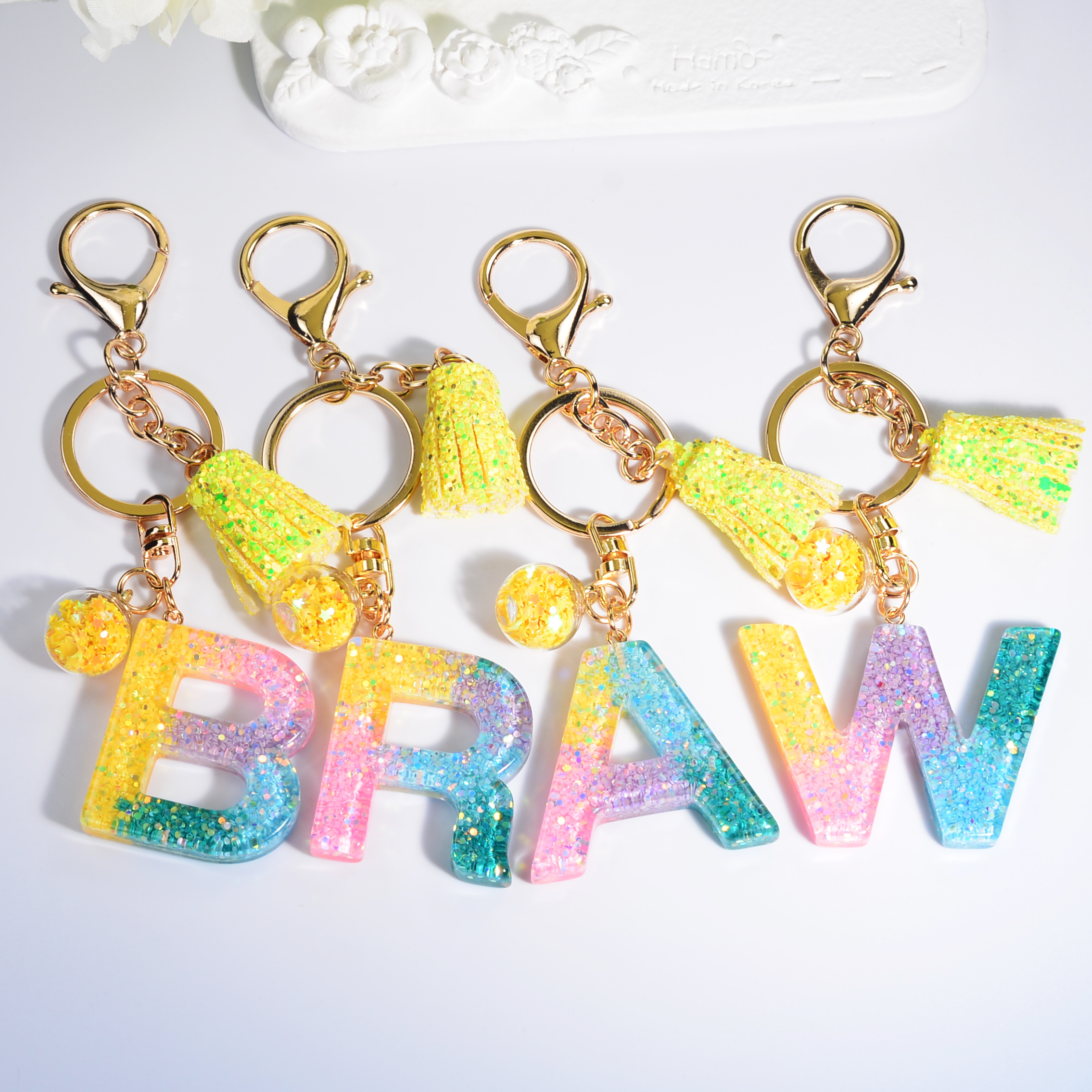 Sequins Alphabet Keychain Cute Color Block Resin Key Chain - Temu