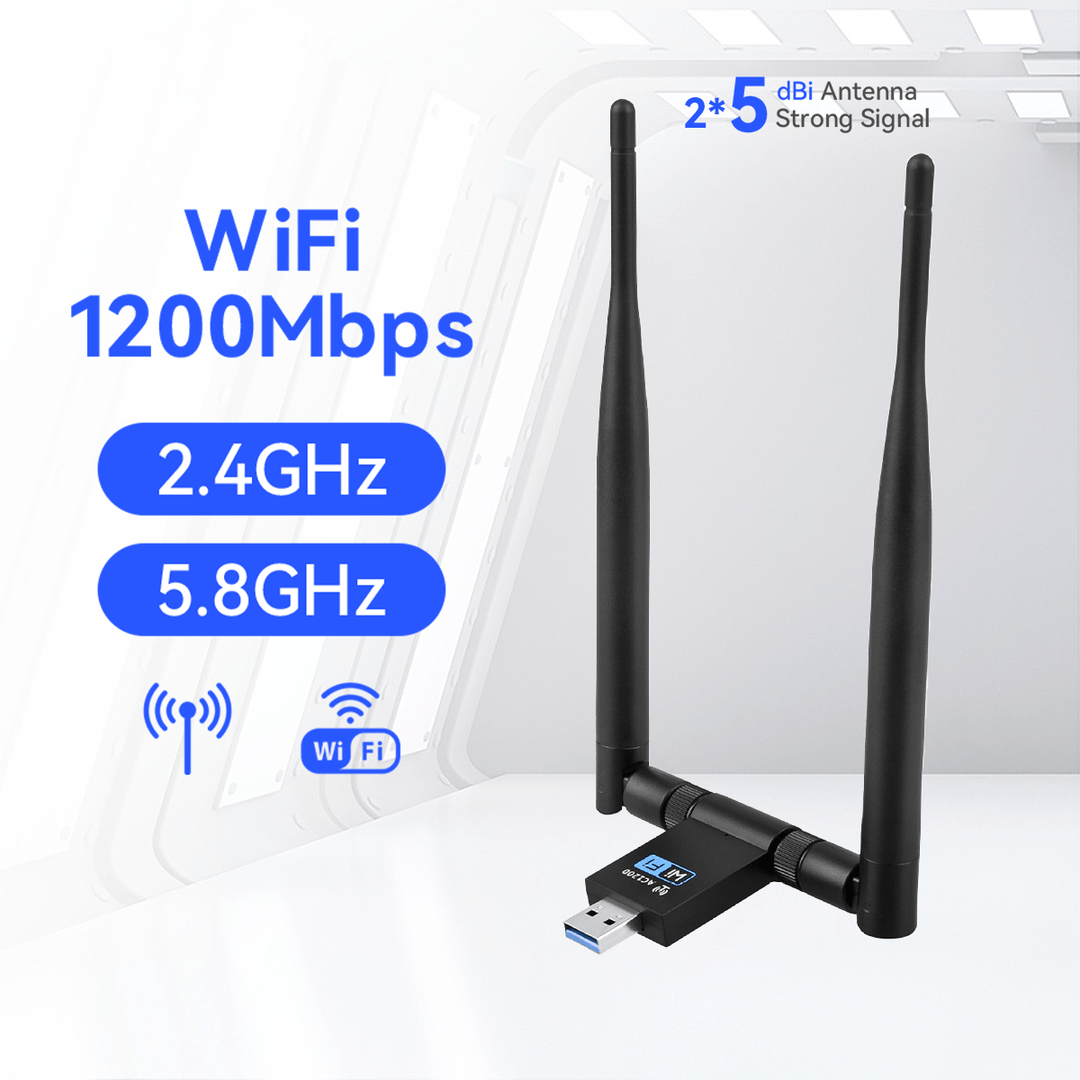 Antena WiFi USB, WiFi USB, antena WiFi USB 650 Mbps con 2.4 GHz/5 GHz,  antena de doble banda 5dBi de alta ganancia, compatible con Windows
